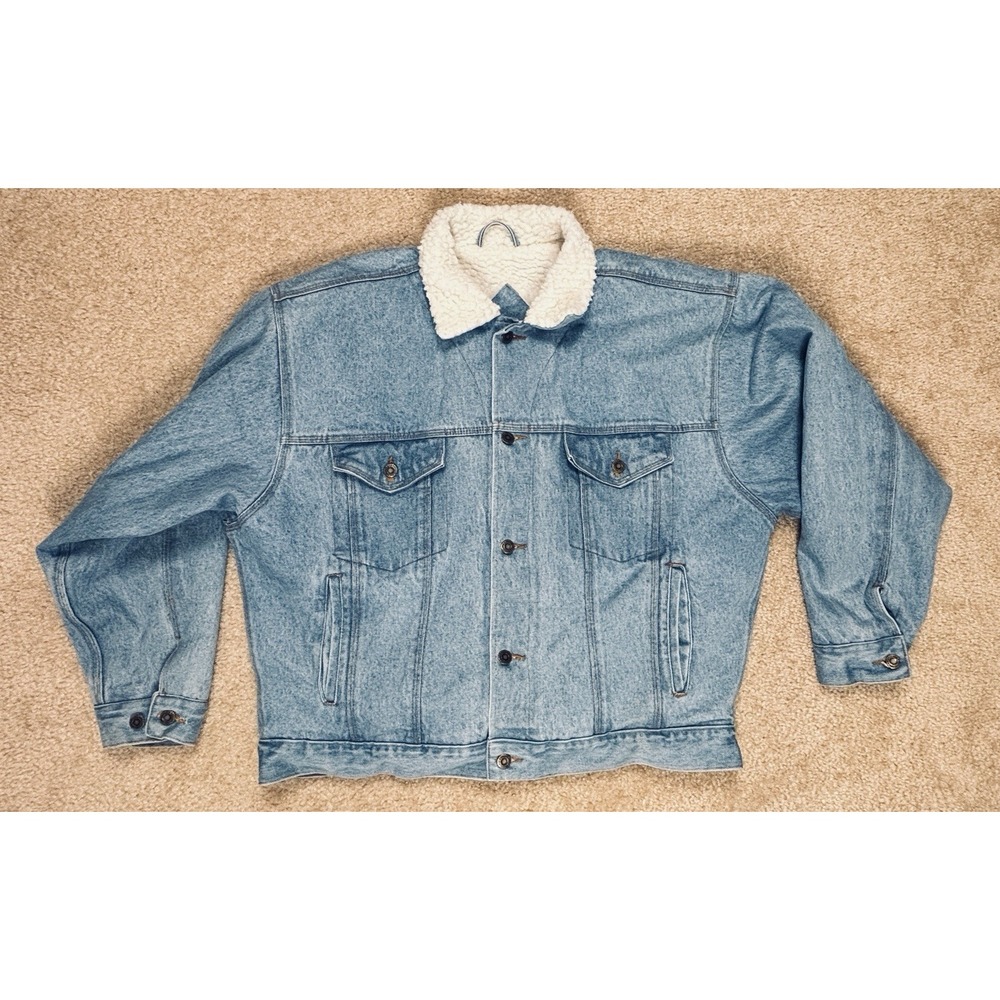 Vintage Woodlake Sherpa Lined Denim Trucker Jacket Mens L Stone Wash Blue